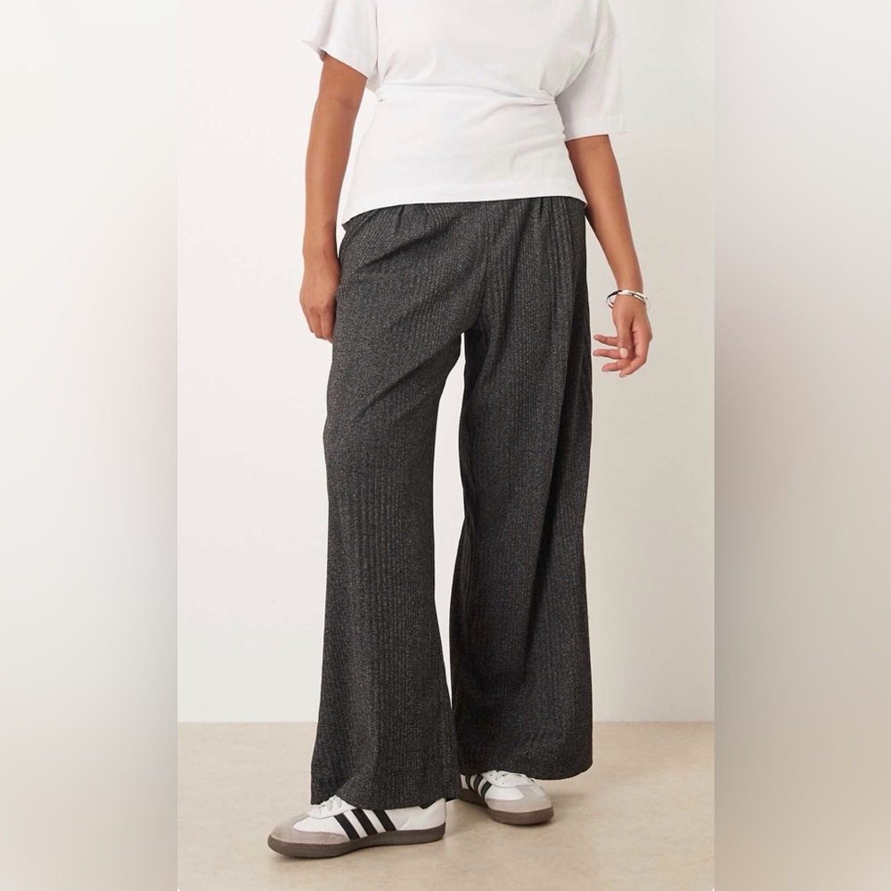 ASOS DESIGN Curve rib detail wide leg pants in charcoal heather